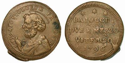 Stato Pontifico. Pio Vi, 1775-1799. 2 e 1/2 Baiocchi 1796. Viterbo.