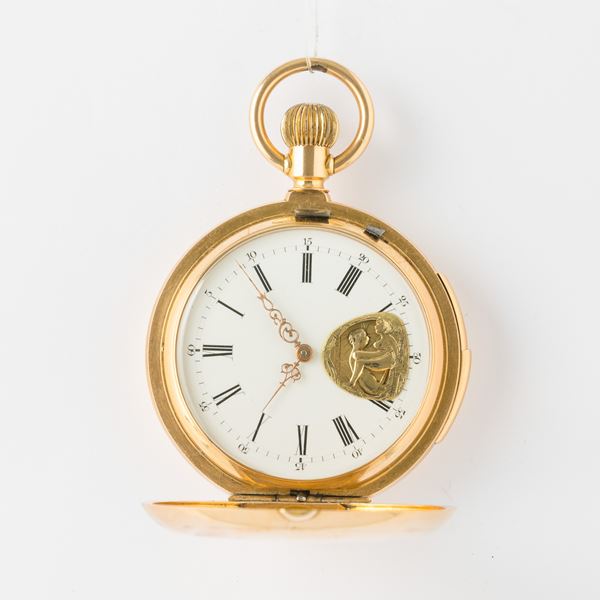 Orologio da tasca 1890-1900, con automi erotici, in oro 18 kt , cassa savonette con suoneria ore e quarti . L’automa erotico è stato aggiunto, necessita revisione, 54 mm,  gr 105