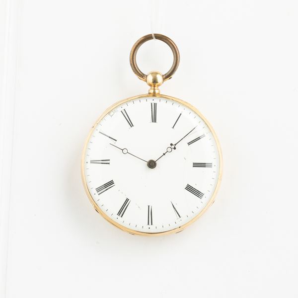 Tahan Paris, orologio da taschino. anonimo in oro 18 kt, 1870-1875, movimento tipo L’epine a ponti multipli, quadrante in smalto bianco con rotture, mm 42, gr 50