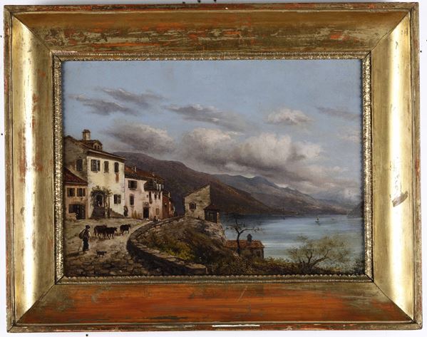 Pittore del XIX secolo Paesaggio con lago e pastore