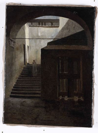 Pittore del XIX Secolo Architetture con Figura su Scala