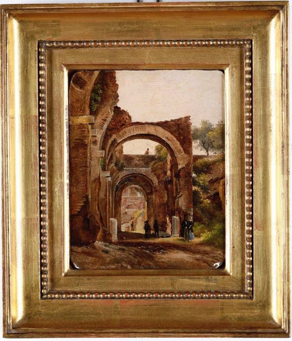Pittore del XIX secolo Paesaggio con rovine architettoniche