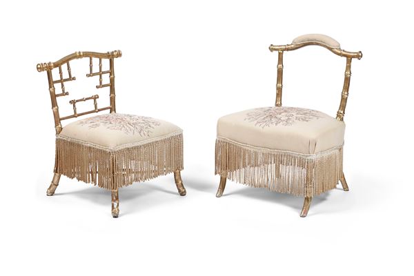 Due sedie con in legno dorato a finto bambù