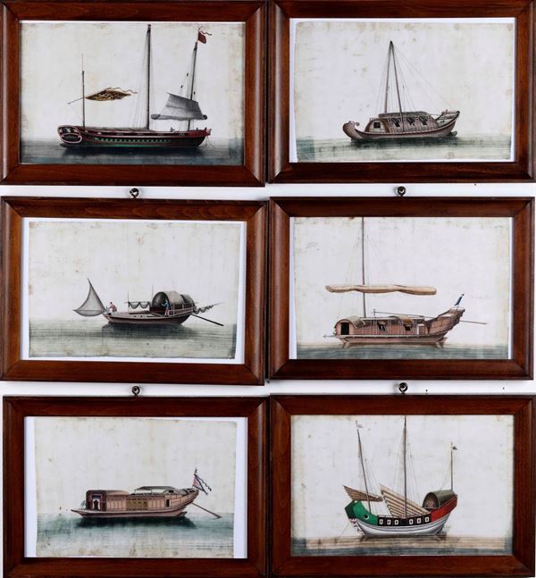 Gruppo di sei piccoli dipinti su carta di riso a tema marinaro raffiguranti barche. Cina (?) XIX secolo