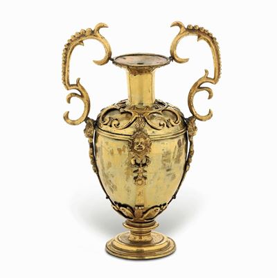Raro Vaso Portapalme a Forma di Anfora con Struttura a Cerniere in Bronzo e Rame Dorato. Firenze ...