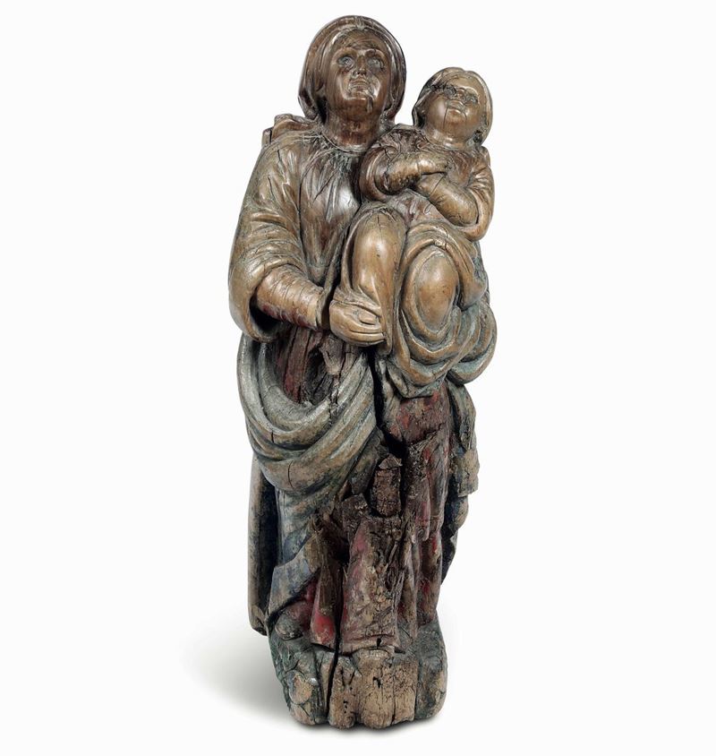 Polena in legno raffigurante Sant'Anna e Maria Bambina. XVII-XVIII secolo  - Auction Italian Mansions - Cambi Casa d'Aste