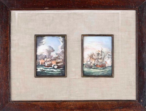 Coppia di dipinti su porcellana a tema marinaro raffigurante velieri. Manifattura tedesca, Hutschenreuther (?), XIX secolo