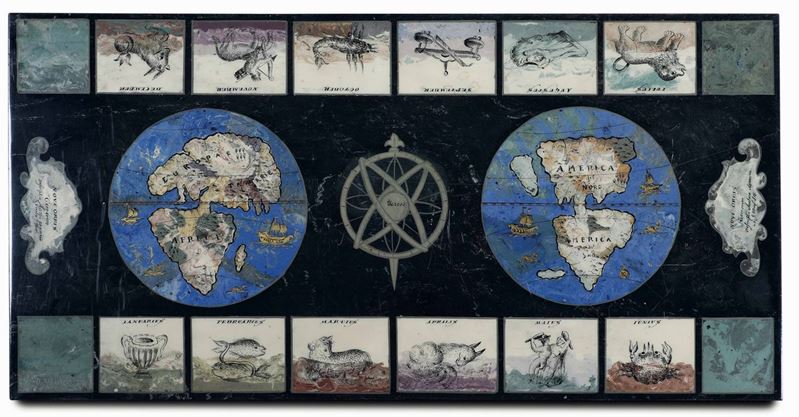 Piano dipinto a tema zodiacale e raffigurante antica mappa del mondo. XX secolo  - Asta Dimore Italiane - Cambi Casa d'Aste