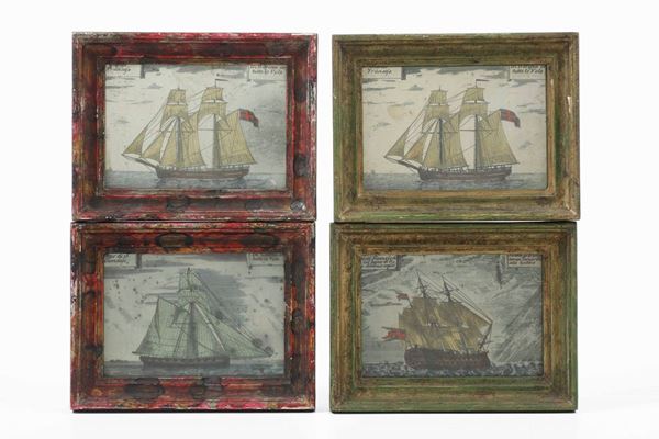 Gruppo di otto dipinti su vetro a tema marinaro