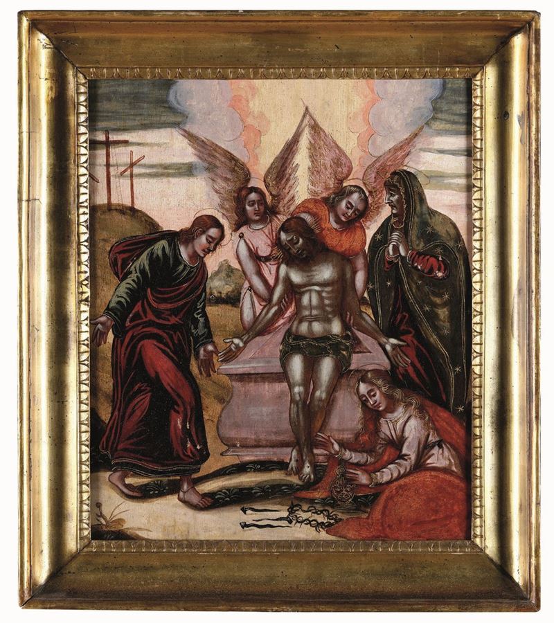 Scuola veneto cretese del XVII secolo Deposizione dalla croce  - olio su tavola - Asta Dimore Italiane - Cambi Casa d'Aste