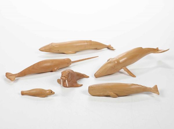 Lotto di sei modelli di animali marini in legno