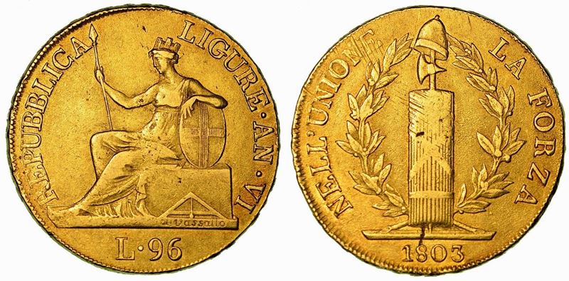 GENOVA. REPUBBLICA LIGURE, 1798-1805. Da 96 Lire 1803/VI.  - Auction Numismatics - Cambi Casa d'Aste