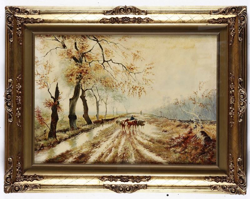 Pittore del XX secolo Paesaggio con mucche  - olio tela - Asta Dipinti del XIX-XX secolo - Cambi Casa d'Aste