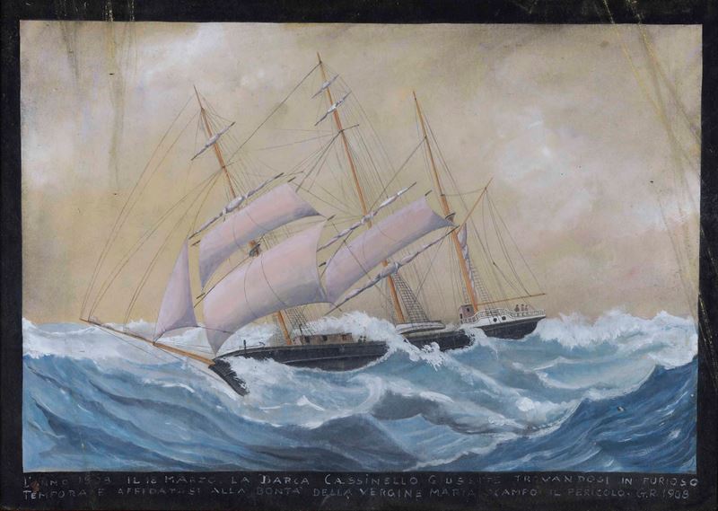 Ex voto con veliero in navigazione, datato 1908  - Auction Maritime Art - Cambi Casa d'Aste