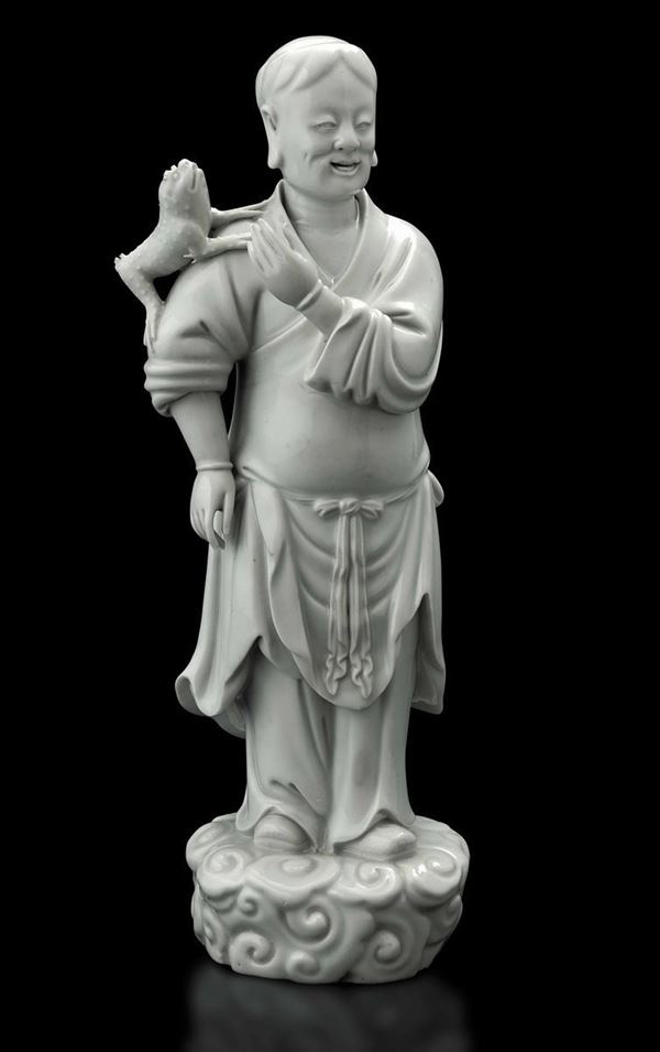 Figura di saggio con rana in porcellana Blanc de Chine, Dehua, Cina, Dinastia Qing, epoca Qianlong (1736-1796)