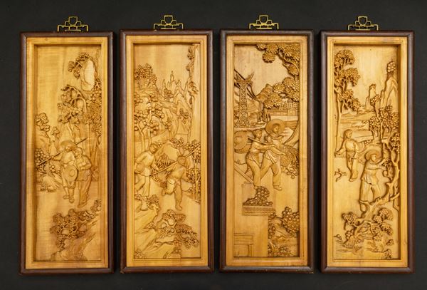 Four carved wood panels, China, Republic