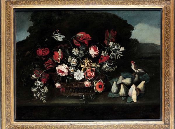 Scuola del XVIII secolo Natura morta con cesto di fiori e uccellino