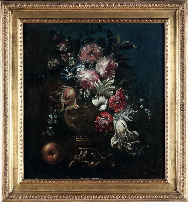 Scuola del XIX secolo Nature morte con vasi di fiori e frutti