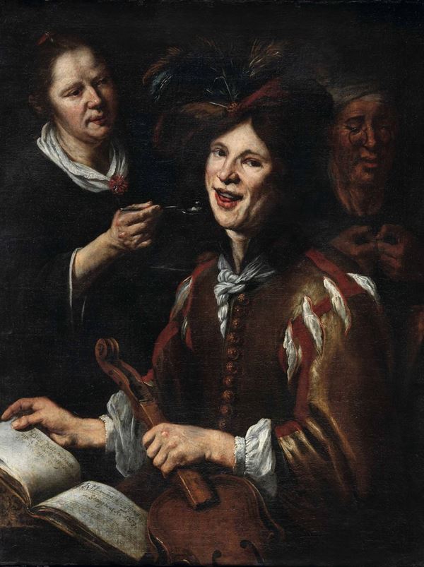 Scuola olandese del XVII secolo Scena di genere con giovane suonatore e donne