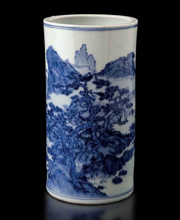 Vaso cilindrico in porcellana bianca e blu raffigurante scorcio di paesaggio, Cina, Dinastia Qing, XIX secolo