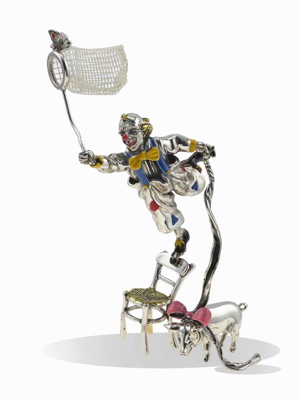 Two silver and enamel clowns, designed by Gene Moore for Tiffany & Co.