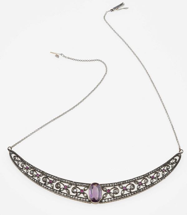 Synthetic corundum, diamond, gold and silver necklace