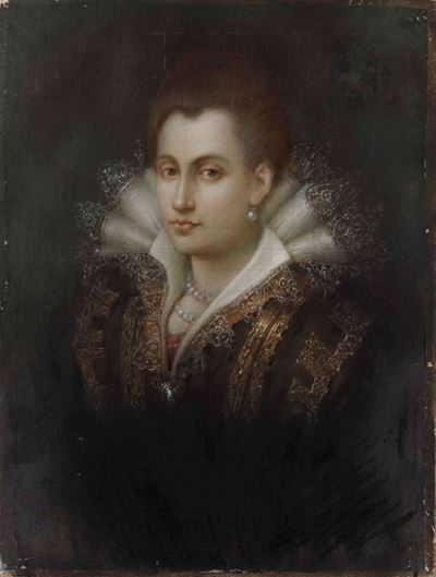 Scuola del XIX Secolo Ritratto di Nobildonna con Collana di Perle e Alta Gorgiera