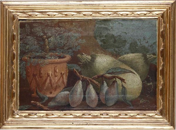 Scuola del XVIII secolo Nature morte con frutti, vasellame e rami