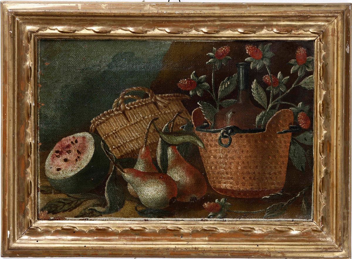 Scuola del XVIII Secolo Nature Morte con Frutti, Vasellame e Rami