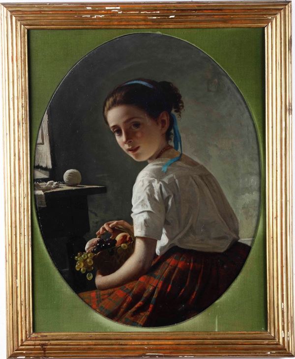 Pittore del XIX secolo Ritratto di fanciulla con cesto di frutta