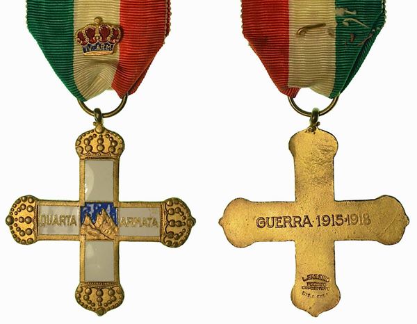 REGNO D'ITALIA. VITTORIO EMANUELE III DI SAVOIA, 1900-1946. Croce Quarta Armata con nastrino originale.