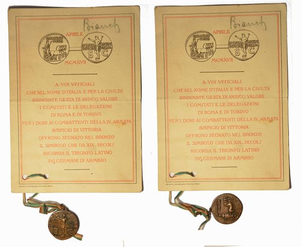 REGNO D'ITALIA. VITTORIO EMANUELE III DI SAVOIA, 1900-1946. Diplomino combattenti della Quarta Armata con medaglia ad imitazione moneta romana.