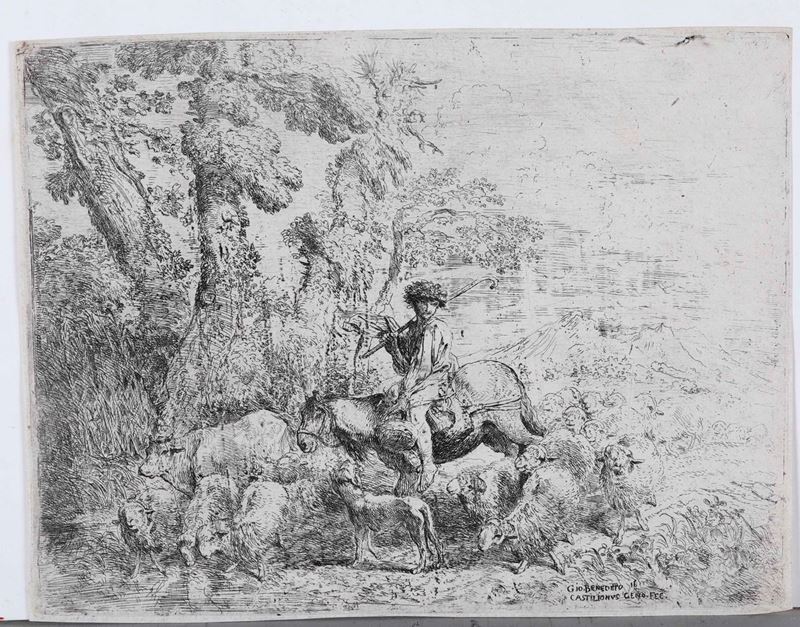 Giovanni Benedetto Castiglione detto il Grechetto : Pastore su un mulo con gregge. 1638  - Asta Libri Antichi e Rari. Incisioni - Cambi Casa d'Aste