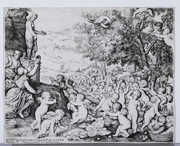 Podestà Giovanni Andrea Baccanale di putti davanti la statua femminile. Dedica a cavalier Cassiano dal Pozzo. Roma. 1636.