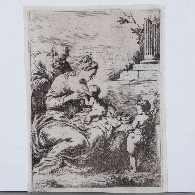 Bartolomeo Biscaino : Sacra famiglia con San Giovannino. Secolo XVII.    - Auction Old and Rare Books. Envravings - Cambi Casa d'Aste