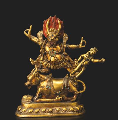 Figura di Yama Lord Of Hell in Bronzo Dorato con Tracce di Policromia e Innesti di Pietre Dure, C...