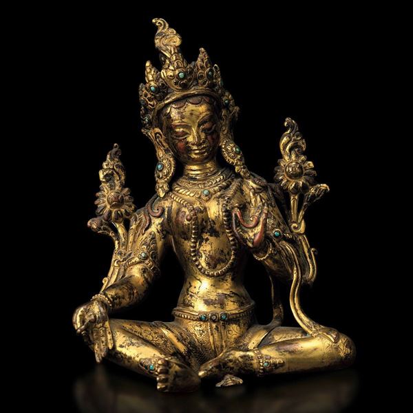 A rare gilt bronze Tara, Tibet, 1300s