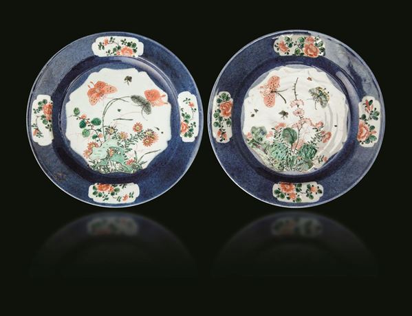 Coppia di piatti Famiglia Verde con soggetti naturalistici entro riserve su fondo blu poudrè, Cina, Dinastia Qing, epoca Kangxi (1662-1722)