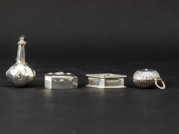 Three silver boxes and a flask, India, 1800s