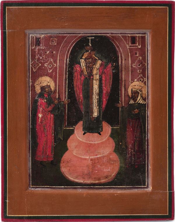 Icona ad olio su tavola raffigurante San Basilio il Grande. Scuola Russa del XIX secolo