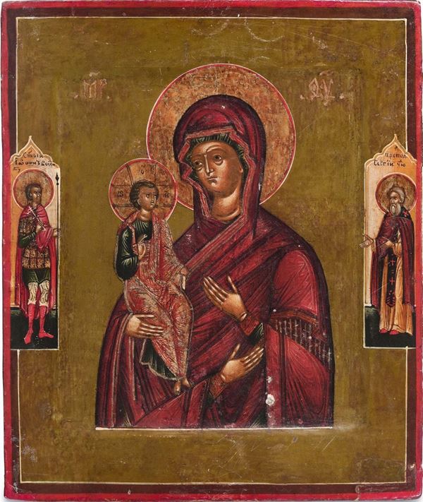 Icona ad olio su tavola raffigurante Vergine delle tre mani. Scuola Russa del XIX secolo