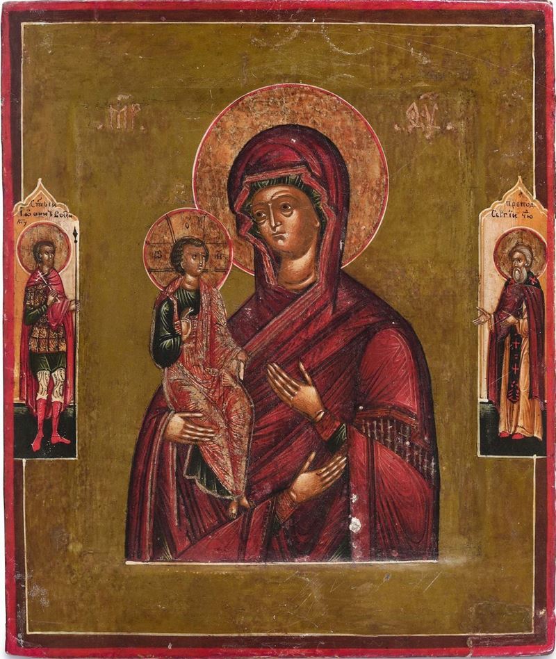 Icona ad olio su tavola raffigurante Vergine delle tre mani. Scuola Russa del XIX secolo  - Auction Collectors' Silvers - I - Cambi Casa d'Aste