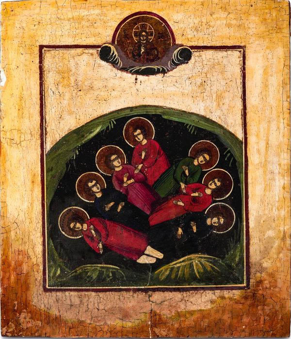 Icona ad olio su tavola raffigurante i sette dormienti di Efeso. Scuola Russa del XIX secolo