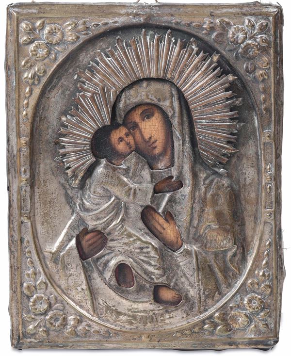 La Vergine di Vladimir ad olio su tavola. Scuola Russa del XIX secolo
