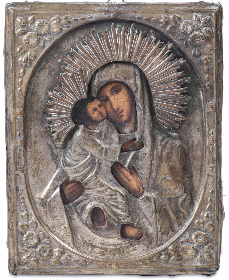 La Vergine di Vladimir ad olio su tavola. Scuola Russa del XIX secolo  - Asta Argenti da Collezione | Antichi - I - Cambi Casa d'Aste