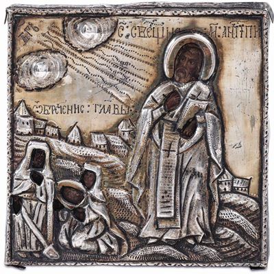 Icona a Tempera su Tavola Raffigurante Santo Antipa. Riza in Argento. Scuola Russa del XIX Secolo...