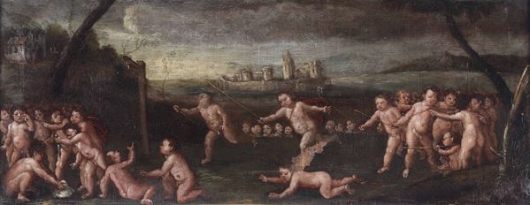 Scuola del XVIII secolo Putti intenti ad aprire una conchiglia