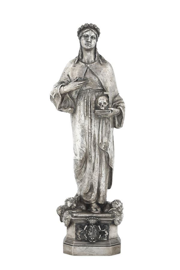 Santa Rosalia. Importante scultura in argento fuso a cera persa e cesellato. Firmata Giovanni Nicolini, Roma 1952, N.1
