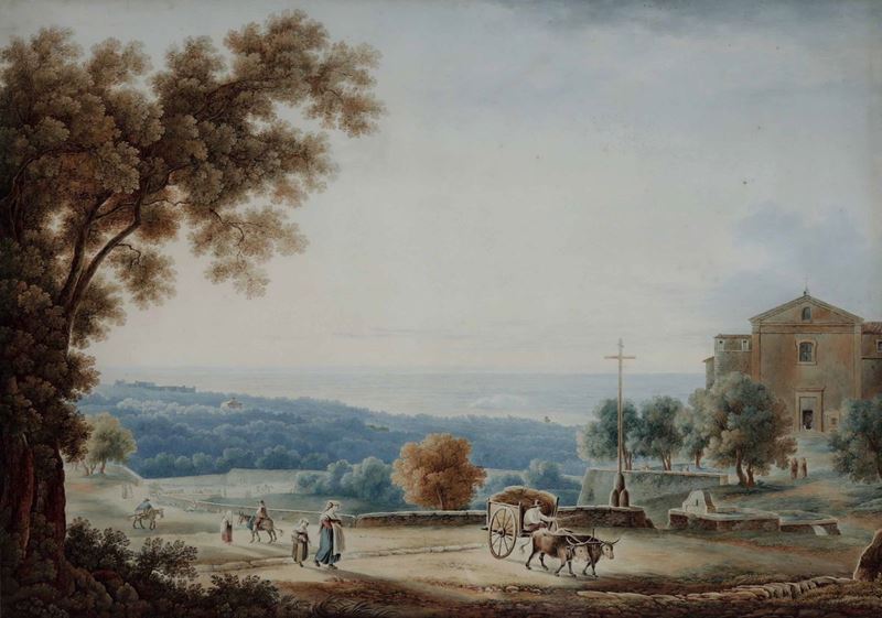Jean-Baptiste Lallemand : Veduta idealizzata di Frascati  - acquerello su carta - Asta Old Masters - Cambi Casa d'Aste