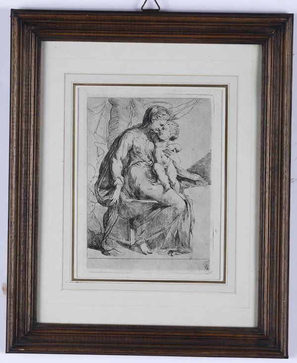 Puntasecca su carta, Madonna con Bambino. XVII secolo